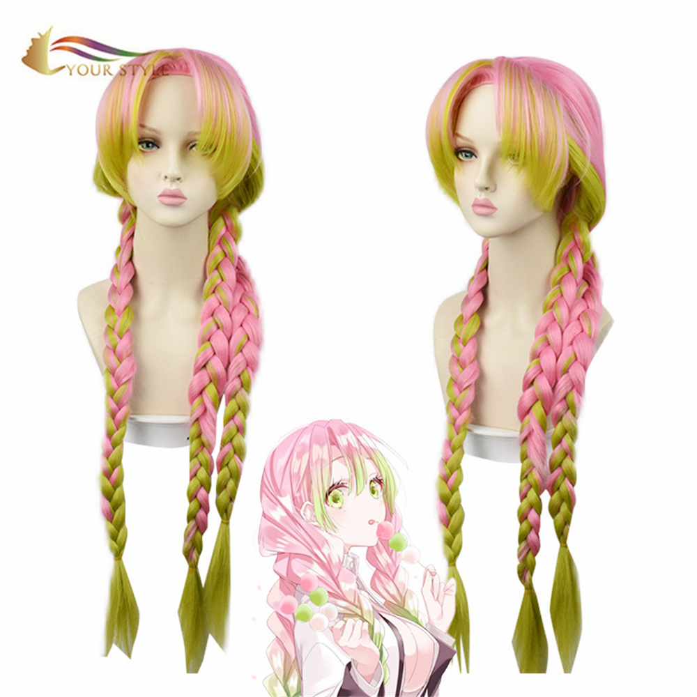 YOUR STYLE ,Wholesale Demon Slayer Kanroji Mitsuri Braids Coaplay Wigs Synthetic Twisted Long Braided Wigs Ombre Pink Blonde Box Cornrow Braids Wigs for Cosplay Party Costume-YOUR STYLE, synthetic wigs synthetic hair extension