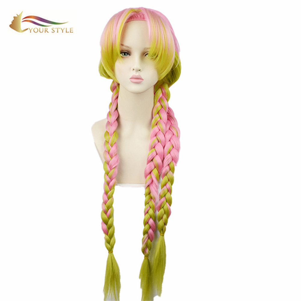 YOUR STYLE ,Wholesale Demon Slayer Kanroji Mitsuri Braids Coaplay Wigs Synthetic Twisted Long Braided Wigs Ombre Pink Blonde Box Cornrow Braids Wigs for Cosplay Party Costume-YOUR STYLE, synthetic wigs synthetic hair extension