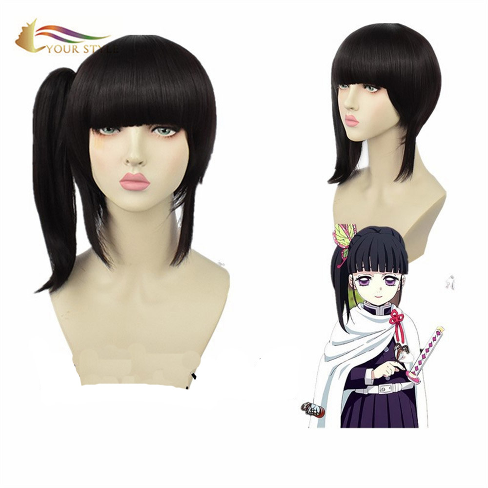 NY FOMBA ANAO , Mpamono demonia ambongadiny Tsuyuri Kanao Cosplay Wig miaraka amin'ny rambony miloko volontsôkôlà maizina wig Cosplay volontsôkôlà volo fohy Wig Anime Party Wig Halloween Costume-ANAO, synthetic wigs synthetic hair extension