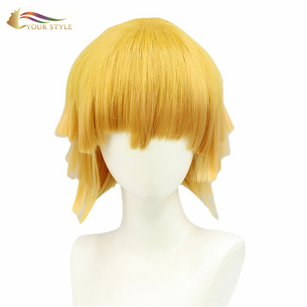 KO KAU ANO, Wholesale Demon Slayer Agatsuma Zenitsu Cosplay Wigs Synthetic Short Wigs Yellow Orange Mmale Wig Anime Men wigs Short Hair Party Wig Halloween Costume-KOU KULA, synthetic wigs synthetic hair extension