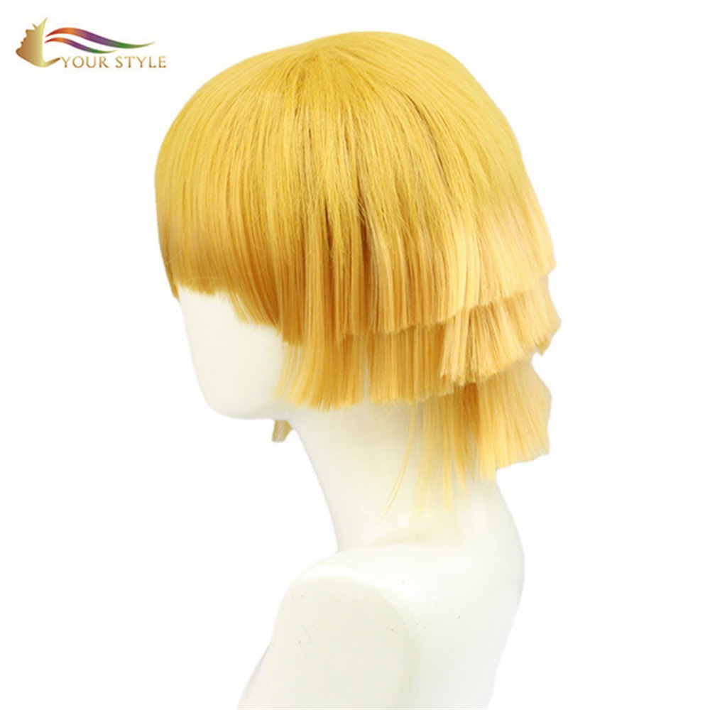 KO KAU ANO, Wholesale Demon Slayer Agatsuma Zenitsu Cosplay Wigs Synthetic Short Wigs Yellow Orange Mmale Wig Anime Men wigs Short Hair Party Wig Halloween Costume-KOU KULA, synthetic wigs synthetic hair extension