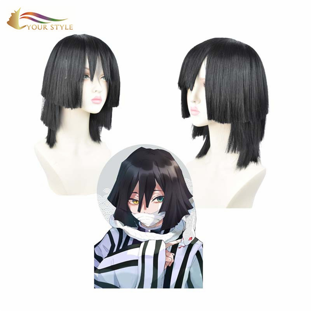 YOUR STYLE , Wholesale Demon Slayer Iguro Obanai Cosplay Wigs Synthetic Black Short Wigs With Bangs Layered Black Cosplay Hair Party Wig Halloween Costume-YOUR STYLE, synthetic wigs synthetic hair extension