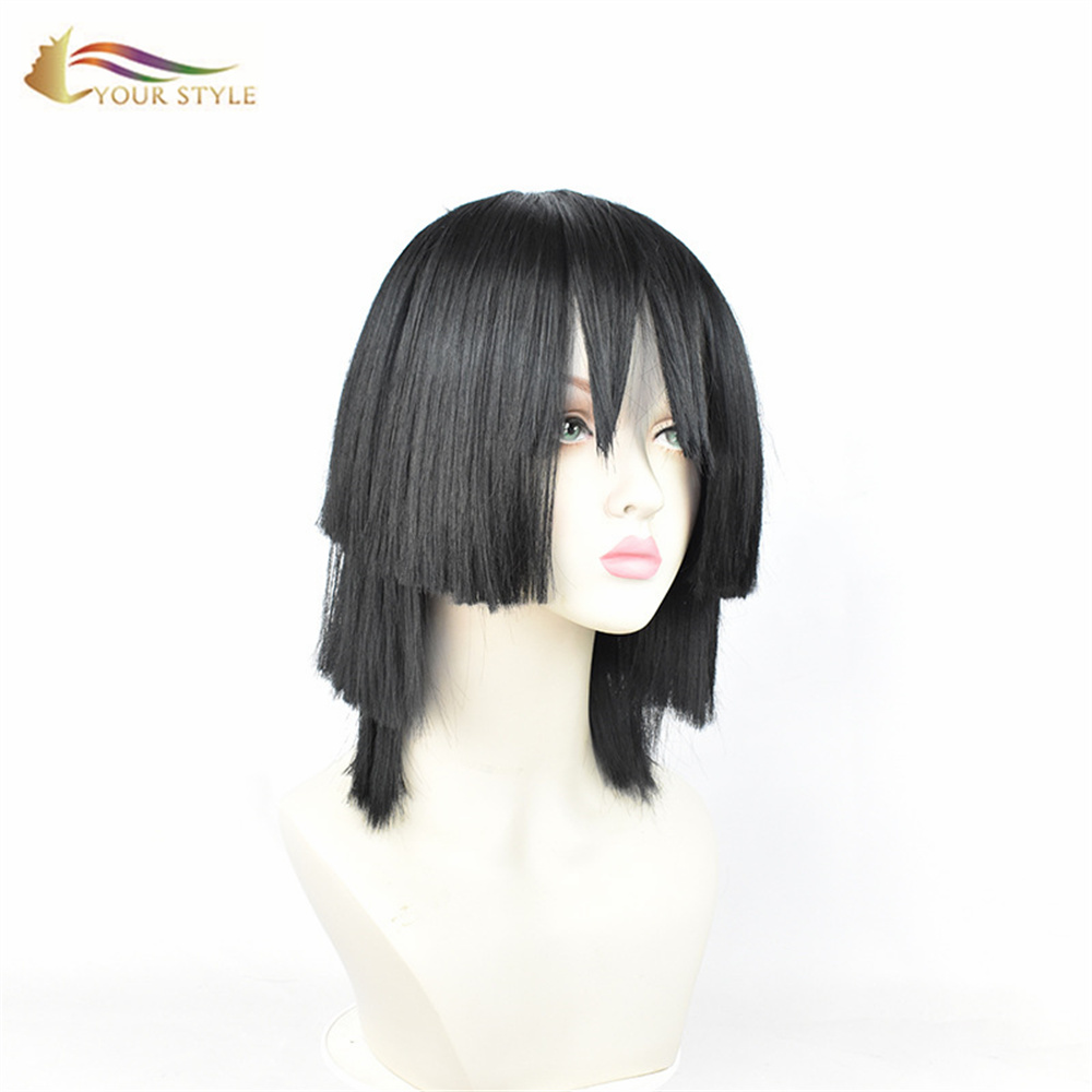 YOUR STYLE , Wholesale Demon Slayer Iguro Obanai Cosplay Wigs Synthetic Black Short Wigs With Bangs Layered Black Cosplay Hair Party Wig Halloween Costume-YOUR STYLE, synthetic wigs synthetic hair extension