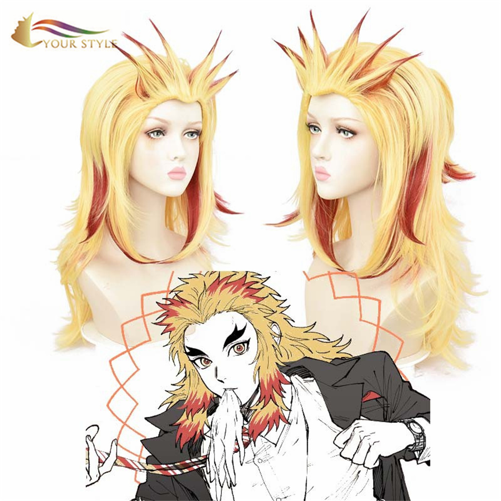 YOUR STYLE , Wholesale Demon Slayer Rengoku Kyoujurou Cosplay Wigs Synthetic Long Yellow Wig With Bangs Orange Yellow Colored Anime Party Wig Halloween Costume-YOUR STYLE, synthetic wigs synthetic hair extension