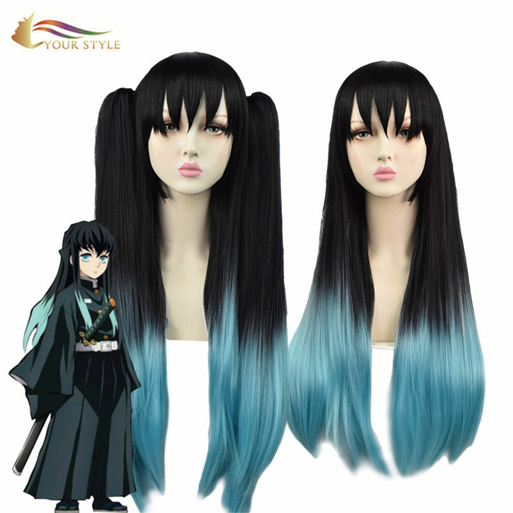 YOUR STYLE , Wholesale Demon Slayer Tokitou Muichirou Cosplay Wigs Ponytail Clip Synthetic Long Straight Wigs With Ponytail Ombre Black Blue Party Wig Halloween-YOUR STYLE, synthetic wigs synthetic hair extension