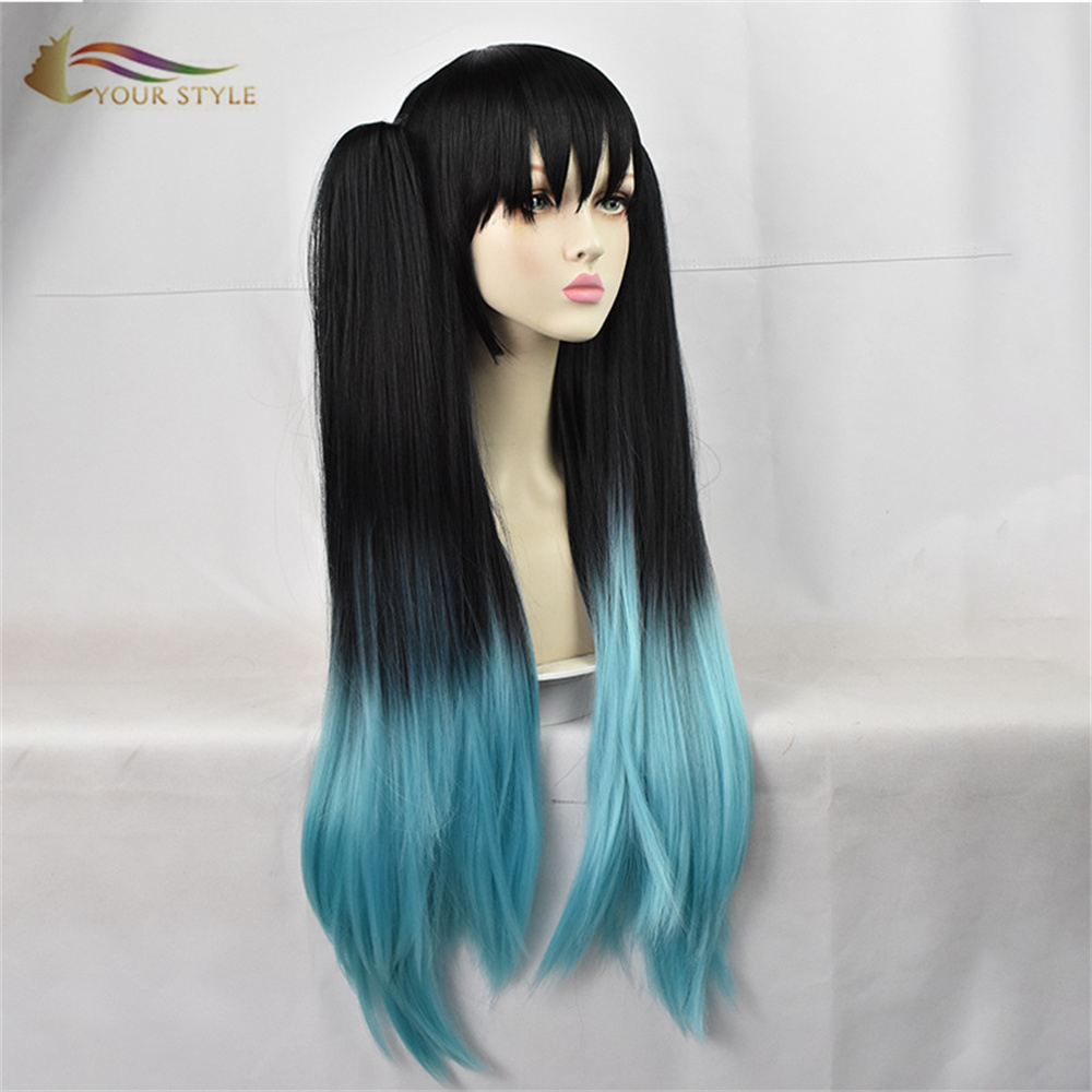 YOUR STYLE , Wholesale Demon Slayer Tokitou Muichirou Cosplay Wigs Ponytail Clip Synthetic Long Straight Wigs With Ponytail Ombre Black Blue Party Wig Halloween-YOUR STYLE, synthetic wigs synthetic hair extension