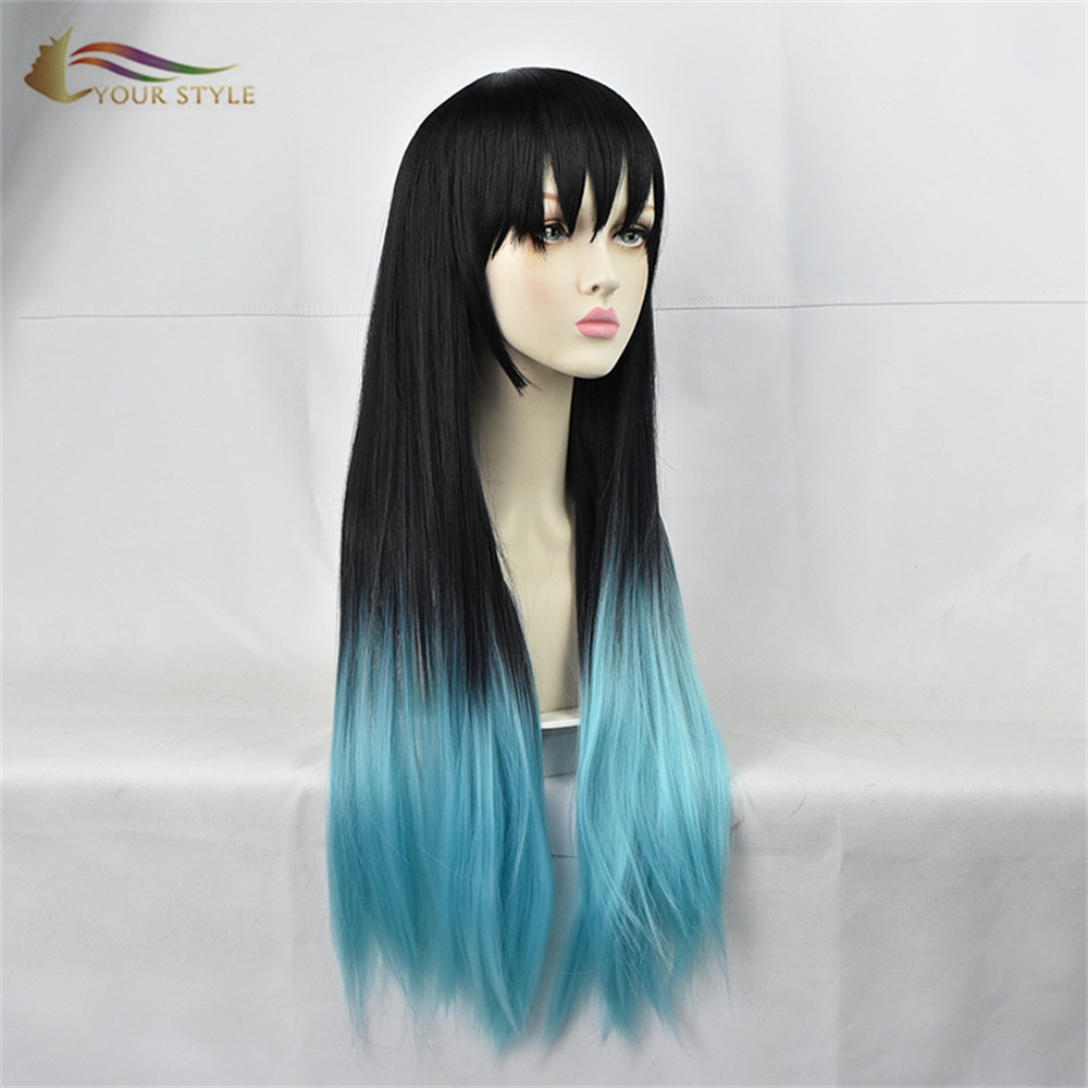 YOUR STYLE , Wholesale Demon Slayer Tokitou Muichirou Cosplay Wigs Ponytail Clip Synthetic Long Straight Wigs With Ponytail Ombre Black Blue Party Wig Halloween-YOUR STYLE, synthetic wigs synthetic hair extension