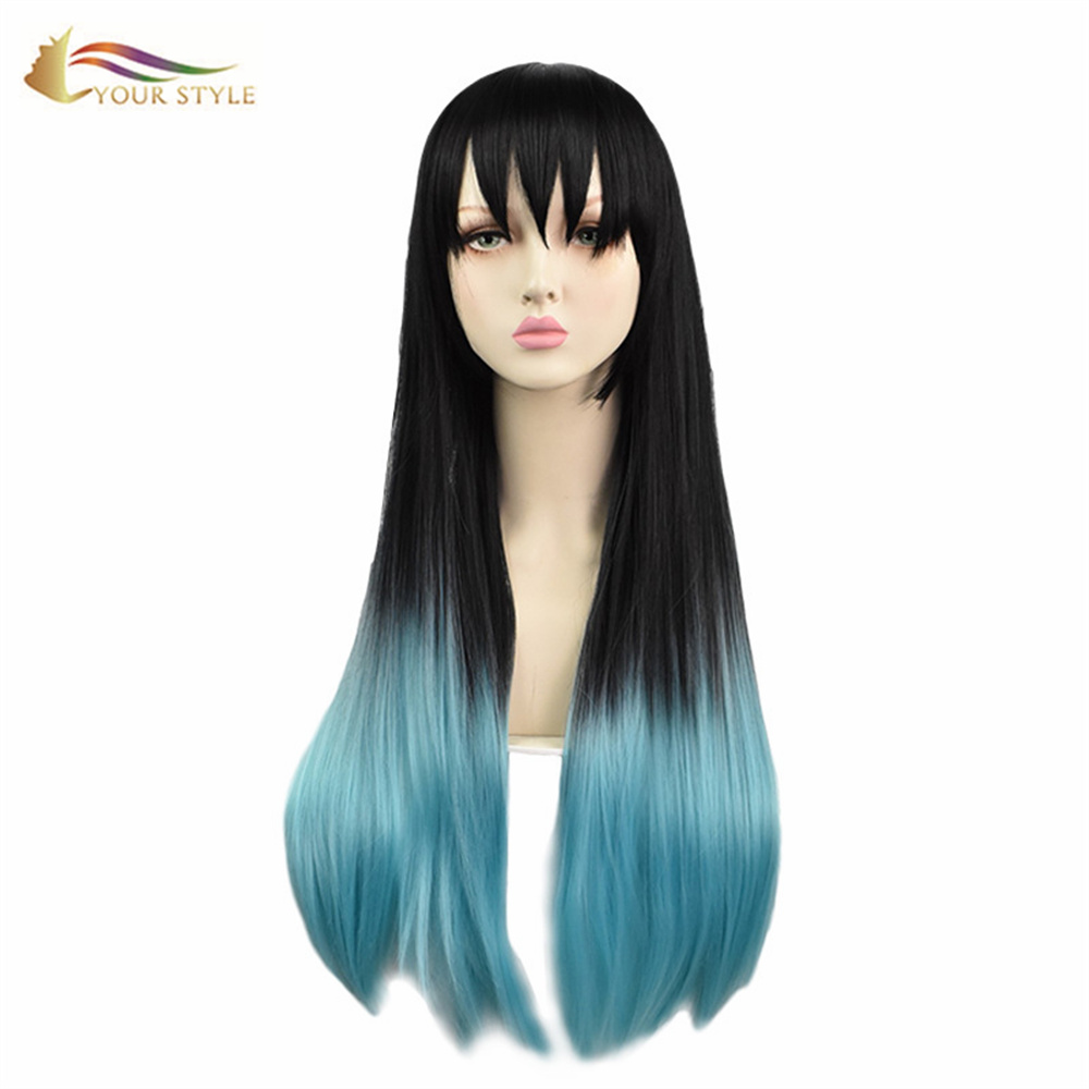 YOUR STYLE , Wholesale Demon Slayer Tokitou Muichirou Cosplay Wigs Ponytail Clip Synthetic Long Straight Wigs With Ponytail Ombre Black Blue Party Wig Halloween-YOUR STYLE, synthetic wigs synthetic hair extension