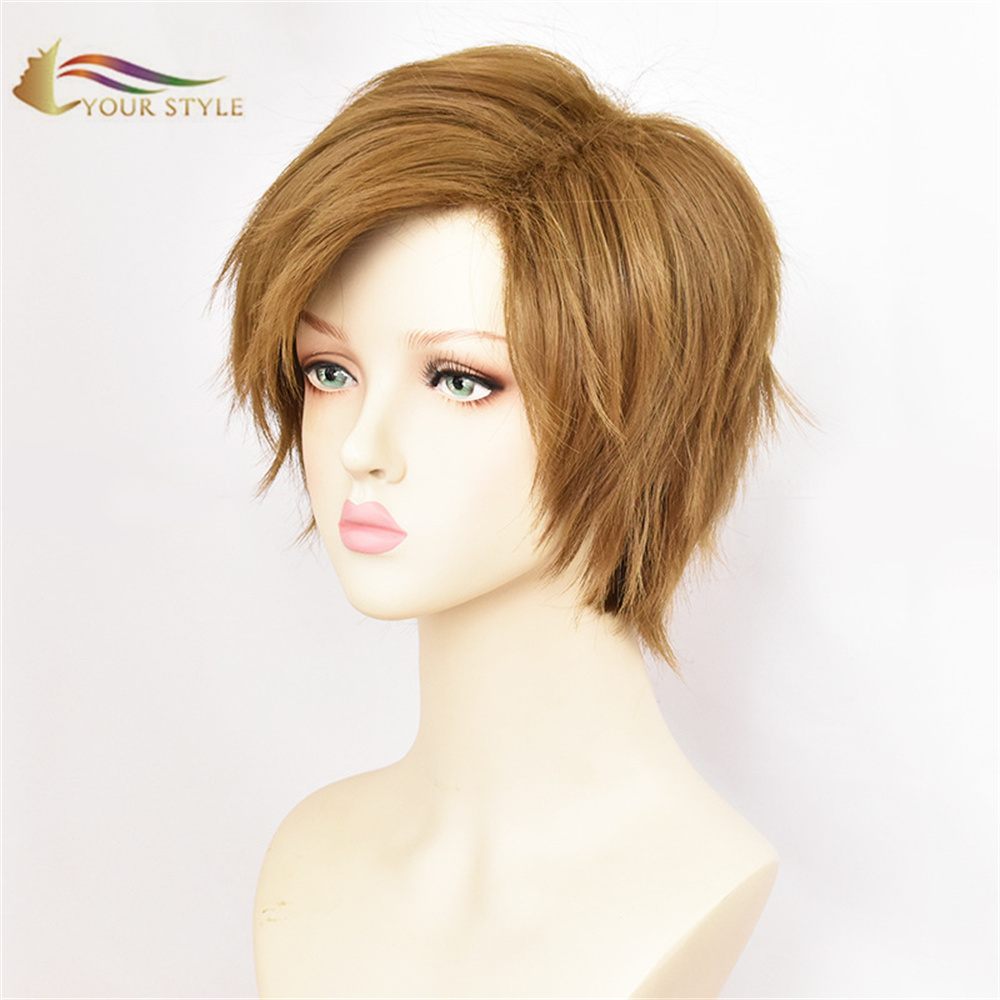 STAYELA SAKHO, I-Wholesale Short Wig Brown Synthetic Anime Short Pixie Cut Wig Orange Brown Wig Male Party Fluffy Wig-ISITAYELA SAKHO, isandiso sezinwele zokwenziwa