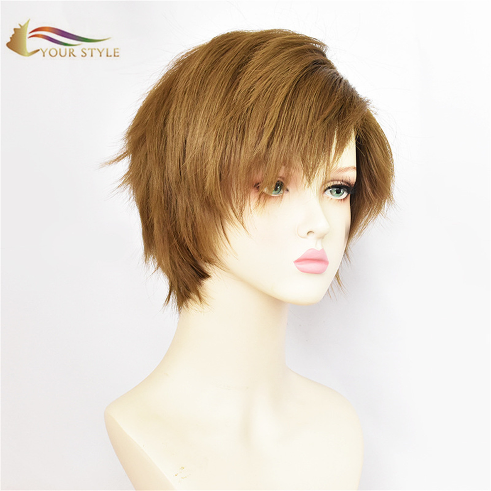 STAYELA SAKHO, I-Wholesale Short Wig Brown Synthetic Anime Short Pixie Cut Wig Orange Brown Wig Male Party Fluffy Wig-ISITAYELA SAKHO, isandiso sezinwele zokwenziwa