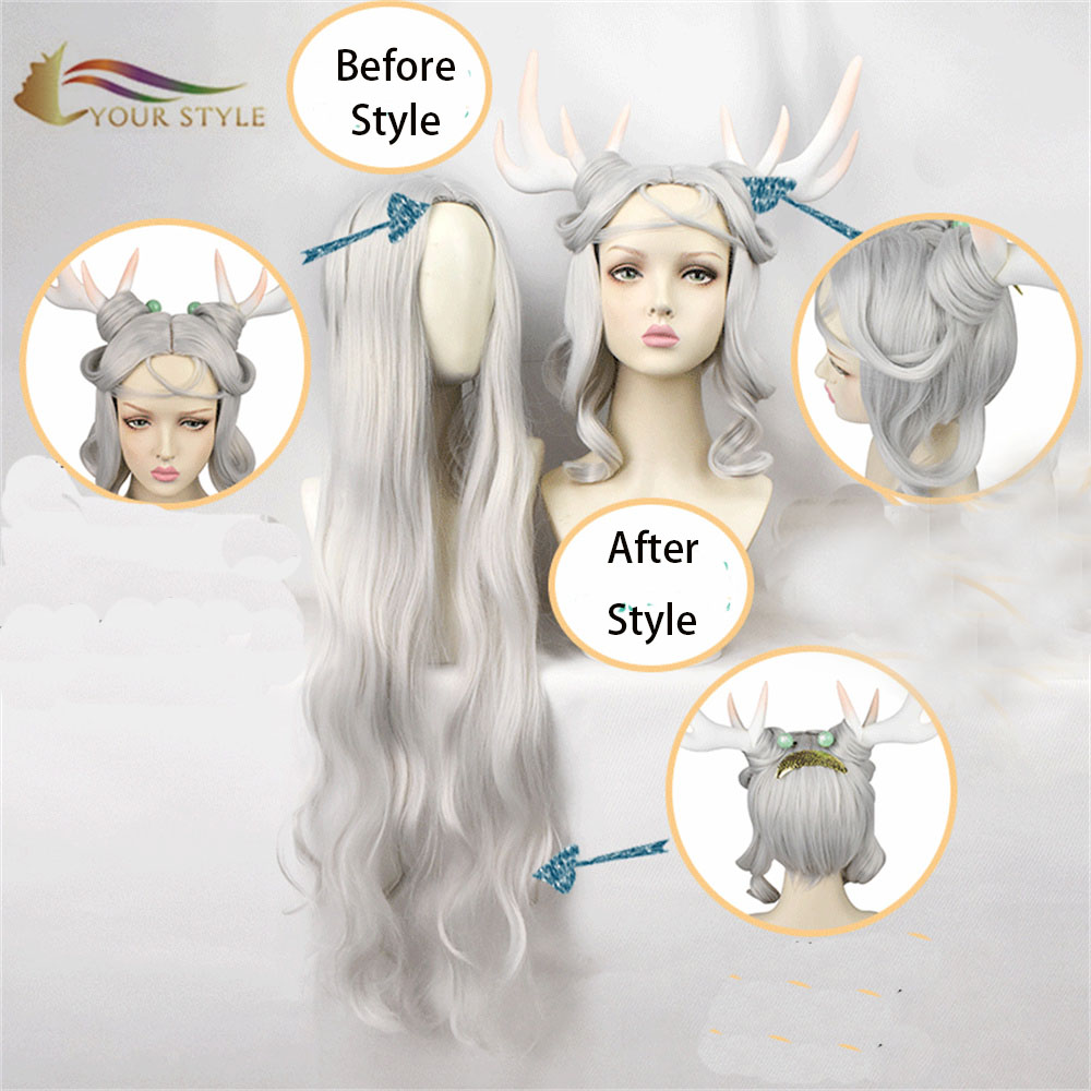 YOUR STYLE , Wholesale King of Glory Cosplay Wig Synthetic Long Wavy Wigs Silver Gray Costume Anime Party Wigs  Halloween Grey Wigs-YOUR STYLE, synthetic wigs synthetic hair extension