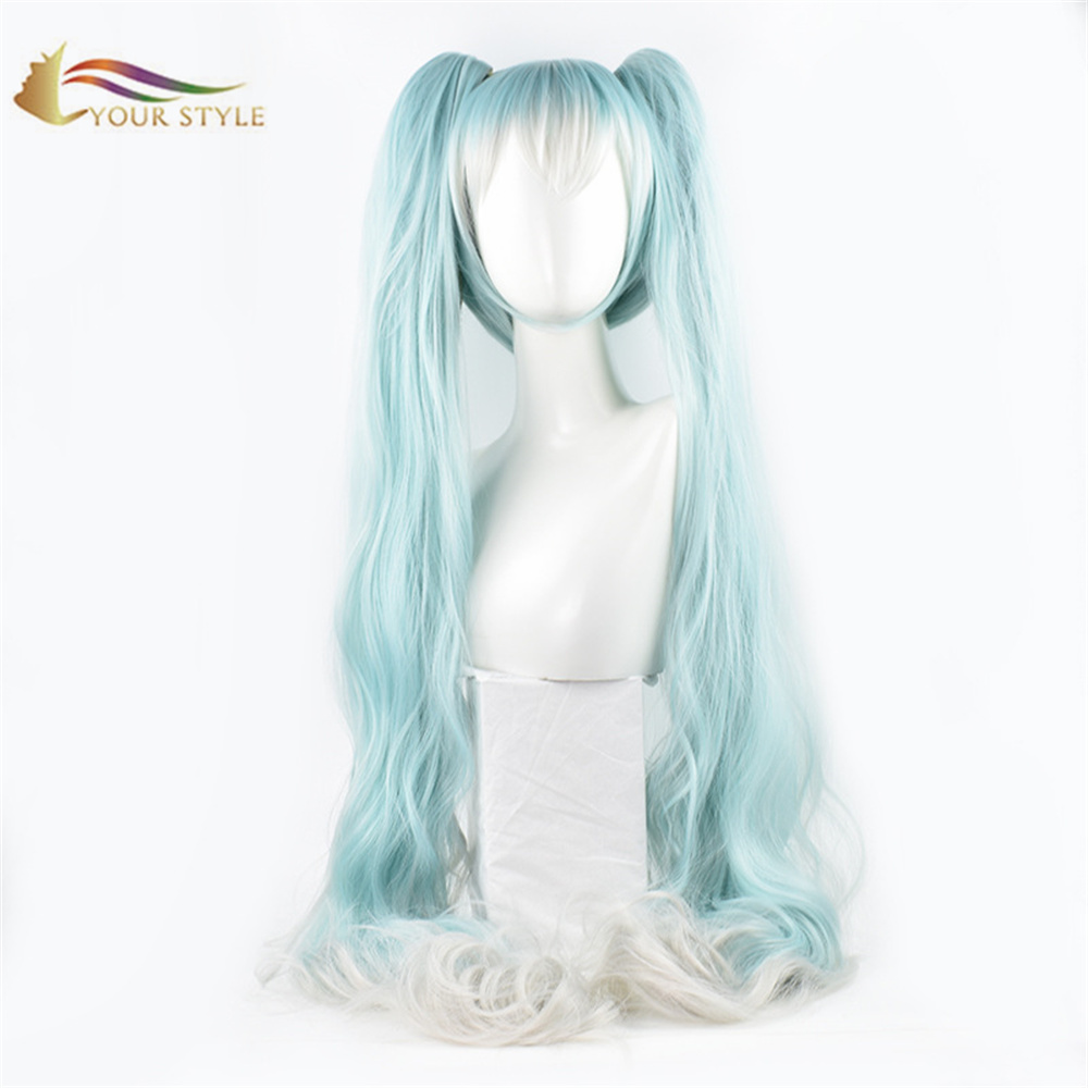 TU ESTILO, Wholesael Vocaloid Miku Cosplay Peluca Cola de caballo Clip Azul Sintético Pelucas largas Peluca de fiesta Disfraz de Halloween Pelucas de anime Peluca femenina para mujer Cosplay-TU ESTILO, pelucas sintéticas extensión de cabello sintético