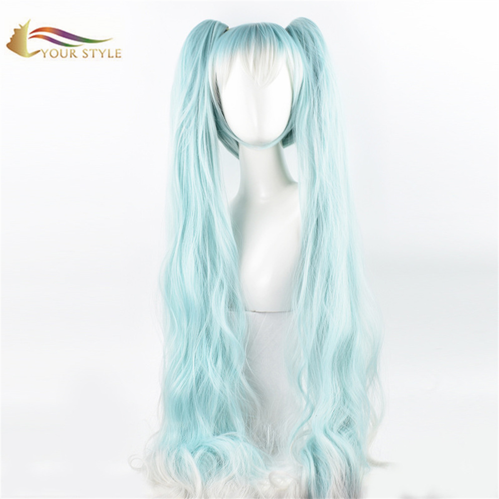 TU ESTILO, Wholesael Vocaloid Miku Cosplay Peluca Cola de caballo Clip Azul Sintético Pelucas largas Peluca de fiesta Disfraz de Halloween Pelucas de anime Peluca femenina para mujer Cosplay-TU ESTILO, pelucas sintéticas extensión de cabello sintético