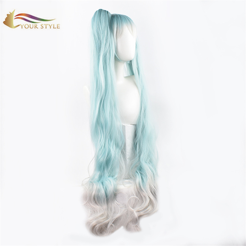 TU ESTILO, Wholesael Vocaloid Miku Cosplay Peluca Cola de caballo Clip Azul Sintético Pelucas largas Peluca de fiesta Disfraz de Halloween Pelucas de anime Peluca femenina para mujer Cosplay-TU ESTILO, pelucas sintéticas extensión de cabello sintético