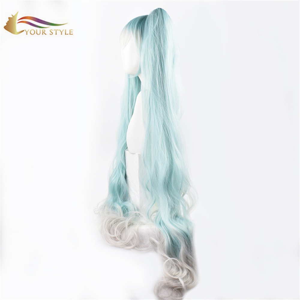 TU ESTILO, Wholesael Vocaloid Miku Cosplay Peluca Cola de caballo Clip Azul Sintético Pelucas largas Peluca de fiesta Disfraz de Halloween Pelucas de anime Peluca femenina para mujer Cosplay-TU ESTILO, pelucas sintéticas extensión de cabello sintético