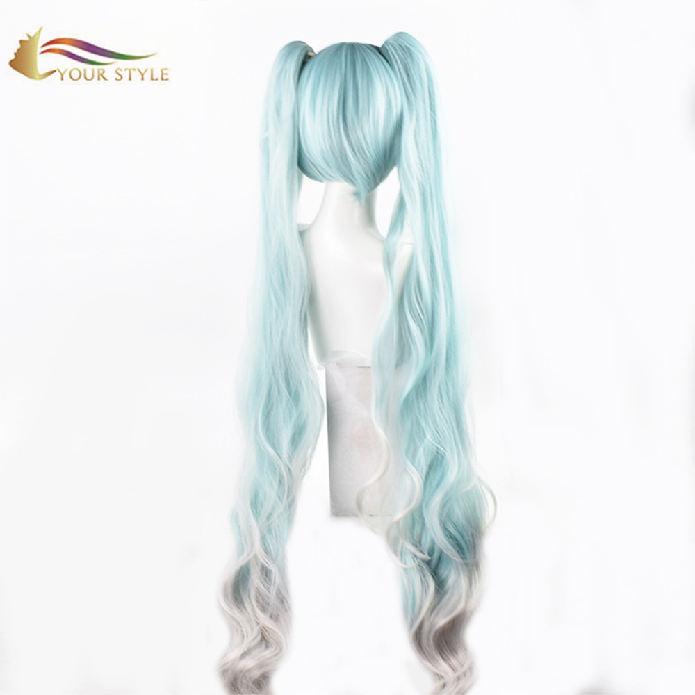 TU ESTILO, Wholesael Vocaloid Miku Cosplay Peluca Cola de caballo Clip Azul Sintético Pelucas largas Peluca de fiesta Disfraz de Halloween Pelucas de anime Peluca femenina para mujer Cosplay-TU ESTILO, pelucas sintéticas extensión de cabello sintético