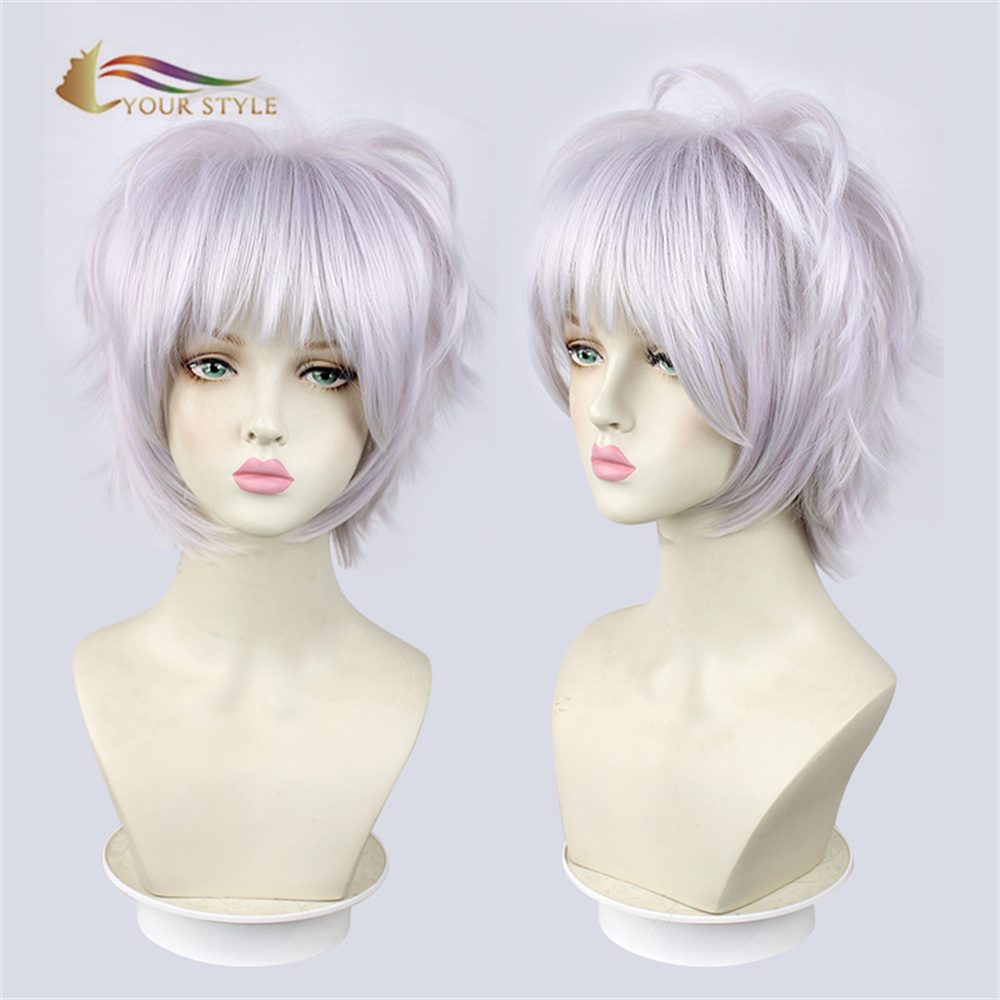 YOUR STYLE ,Wholesale Cosplay Wigs Silver Synthetic  Halloween Grey Wigs Mens Wig Silver Short Haircuts For Gray Hair Short Pixie Gray Wigs Male Men Boy Hair Wig-YOUR STYLE, synthetic wigs synthetic hair extension