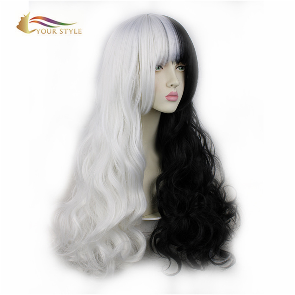 YOUR STYLE, Wholesale Cosplay Wigs Synthetic Long Wavy Wigs Salt and Pepper Color Halloween Wigs Black And White Costume Wig Party Female Women Ladies-YOUR STYLE, synthetic wigs synthetic hair extension