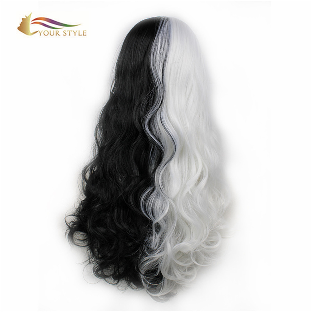 YOUR STYLE, Wholesale Cosplay Wigs Synthetic Long Wavy Wigs Salt and Pepper Color Halloween Wigs Black And White Costume Wig Party Female Women Ladies-YOUR STYLE, synthetic wigs synthetic hair extension