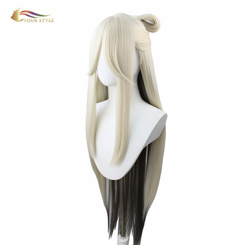 YOUR STYLE Genshin Impact Cosplay Wig With Buns Long Straight Wig Silver Grey Synthetic Ombre Wig Costume Wig Party Gray Halloween Wig-YOUR STYLE, synthetic wigs synthetic hair extension