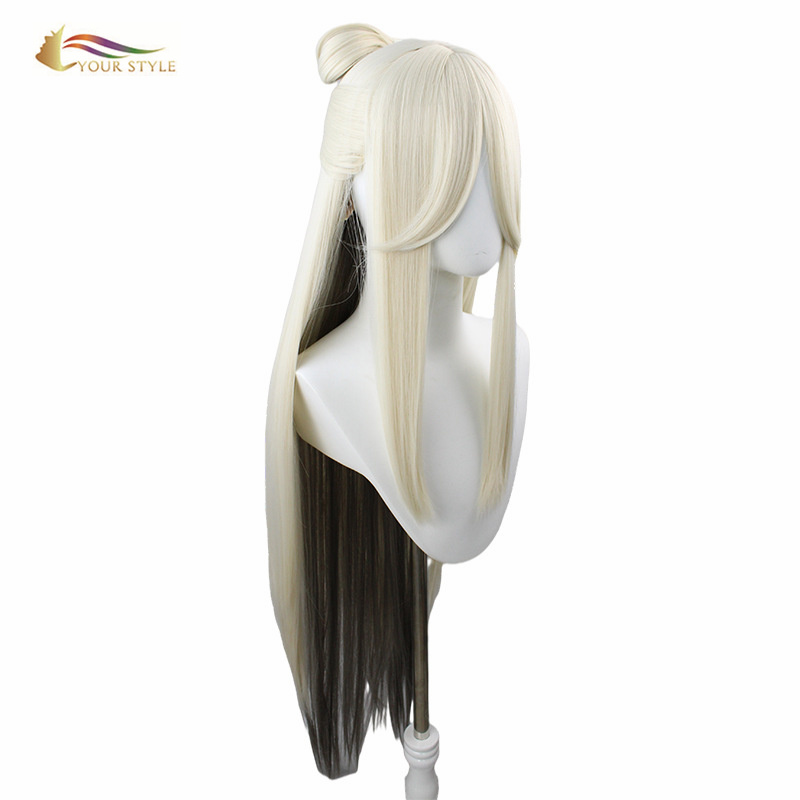 YOUR STYLE Genshin Impact Cosplay Wig With Buns Long Straight Wig Silver Grey Synthetic Ombre Wig Costume Wig Party Gray Halloween Wig-YOUR STYLE, synthetic wigs synthetic hair extension