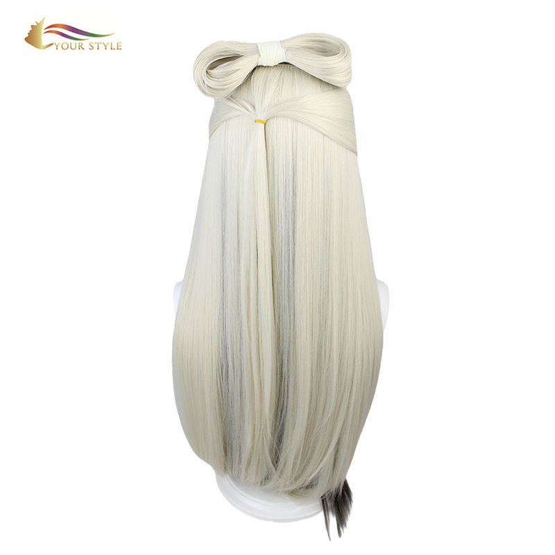 YOUR STYLE Genshin Impact Cosplay Wig With Buns Long Straight Wig Silver Grey Synthetic Ombre Wig Costume Wig Party Gray Halloween Wig-YOUR STYLE, synthetic wigs synthetic hair extension